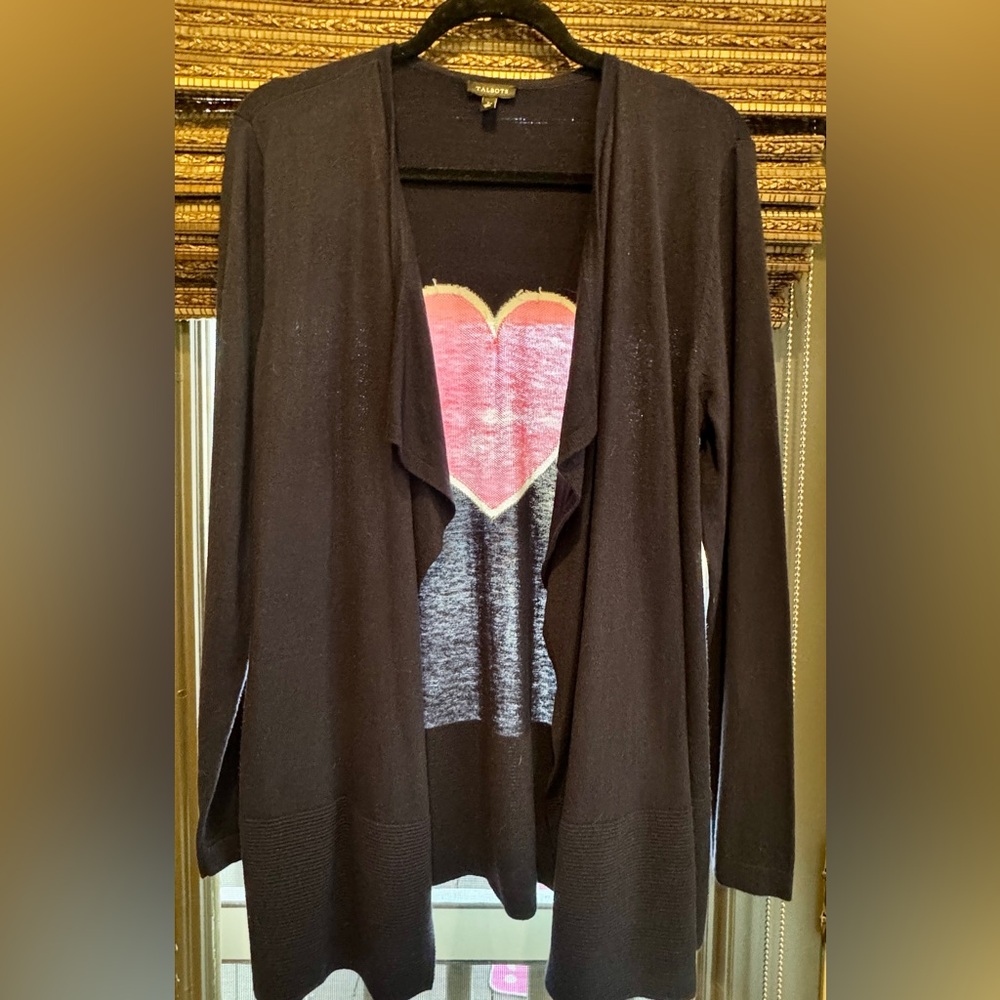 Talbots Navy Blue Open front Sweater with Pink Heart on Back 
Size Large